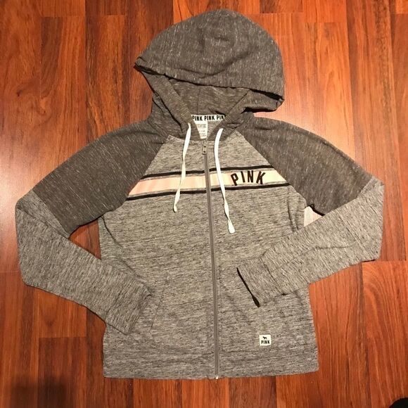 Victoria’s Secret Grey Raglan Pink Hoodie With Front Pouch Pocket 🌻 - Picture 2 of 7